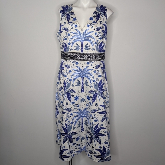 Boden Dresses & Skirts - Boden Blue White Floral Bird Palm Tree Sleeveless V Neck Cotton Midi Dress 12